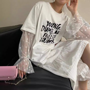 沃特商店 韩国ins网纱假两件拼接高级感长袖韩系甜美风上衣