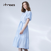 夏季女士连衣裙裙子收腰短袖修身a字雪纺气质常规显瘦i21bl022