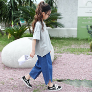 女童夏装套装2024韩版儿童，中大童洋气薄款牛仔裤两件套网红潮