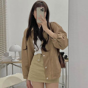 韩国chic秋季复古气质翻领单排扣双口袋设计宽松长袖夹克短外套女