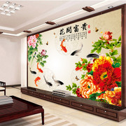 5新中式沙发电视背景墙，壁纸花开富贵牡丹，壁画墙纸客厅九鱼图墙布