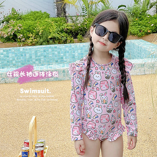 儿童泳衣女童游泳衣公主甜美连体，长袖卡通可爱速干游泳套装韩