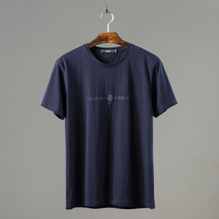 时尚反光印花藏蓝色圆领短袖T恤男夏季薄款透气纯棉简约休闲体恤