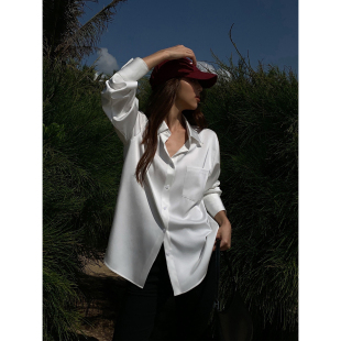 NEVA HU 白色绸缎长袖衬衫女高级感2024设计感韩版宽松衬衣