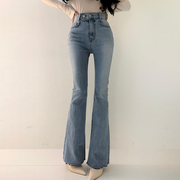 韩国chic春季百搭高腰显瘦两粒扣双口袋设计感微喇叭牛仔裤长裤女