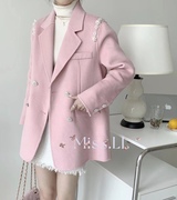 2023秋冬粉色西装领订珠，双面羊绒大衣，短款小个子双面呢外套女