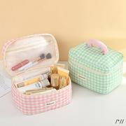 韩版可爱格子化妆包女大容量手提收纳包便携(包便携)旅行洗漱品手提包