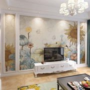 温馨淡雅手绘向日葵壁画，3d美式乡村田园壁纸，客厅电视沙发背景墙布