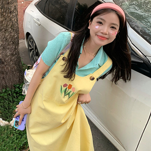 大码女装夏装俏皮两件套韩版chic糖果色郁金香背带裙+娃娃领衬衫