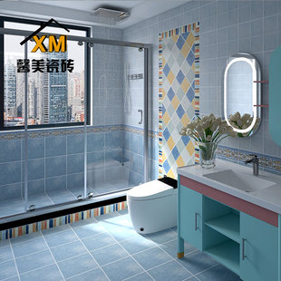 地中海蓝色卫生间地砖，厨房格子仿古砖阳台浴室，瓷砖地爬墙300