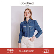 牛仔系列Goodland美地女装2023秋季钉珠花朵衬衫时尚上衣