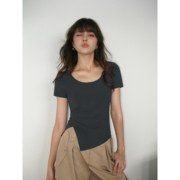 NEVA HU黑色不规则开叉短袖t恤女设计感2024韩版修身显瘦上衣