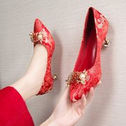 红色婚鞋女细跟高跟鞋秀禾中式伴娘鞋结婚鞋子6CM新娘金色礼服鞋