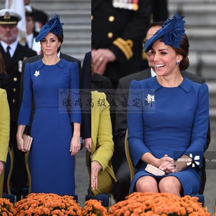 高级私人定制凯特王妃同款蓝色喇叭袖连衣裙女过膝修身包臀优雅夏