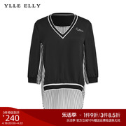 YLLE ELLY黑白条纹小衫2024夏季V领撞色拼接简约套头衫上衣女