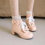 日系甜美短靴女可爱少女，蕾丝花边蝴蝶结，公主鞋洛丽塔粗跟马丁靴女