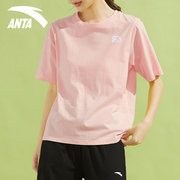 安踏纯棉短袖t恤女士粉色棉t体桖宽松夏季运动上衣女