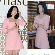 韩版乔妹同款显白粉色大方领七分袖收腰连衣裙显瘦显高减龄A裙