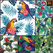 热带雨林大嘴鸟鹦鹉植物花鸟墙纸，家居印花图案矢量，设计素材2607