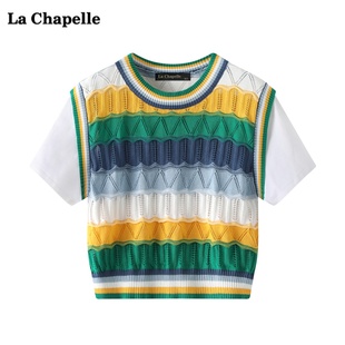 拉夏贝尔lachapelle彩色，条纹假两件短袖，t恤女夏针织衫短款上衣