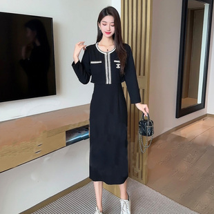 小香风连衣裙2023韩版时尚显瘦假两件休闲中长款赫本风长袖黑色裙