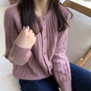 紫色秋冬韩国宽松复古风加厚羊毛衫毛衣女外穿针织开衫外套潮