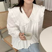 韩国chic春季法式减龄娃娃领拼接木耳边设计宽松休闲百搭长袖衬衫