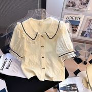 法式雪纺短袖衬衫女2024夏设计(夏设计)感小众蕾丝甜美别致泡泡袖上衣
