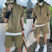 夏季男士日系风套装工装款短袖，短裤休闲宽松外套衬衣薄款连帽卫衣