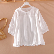 白色蕾丝衫女夏季短款洋气衬衫，镂空宽松七分灯笼袖娃娃衫圆领上衣