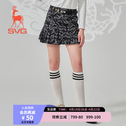SVG高尔夫春秋女装黑色印花百褶裙弹力短裙运动半身裙套装女