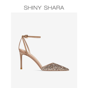Shiny Shara/诗莎2023夏季包头一字带细跟亮片高跟鞋女