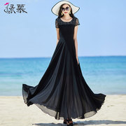 黑色连衣裙女长款2024夏季收腰显瘦雪纺长裙时尚蕾丝拼接气质