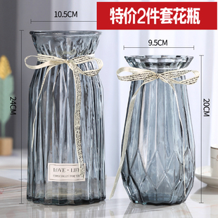 二件套欧式玻璃花瓶透明彩色水培植物花瓶客厅装饰摆件插花瓶