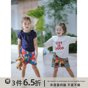 史豌豆(史豌豆)女童，复古日系花色五分裤，2023夏季儿童洋气宽松休闲短裤