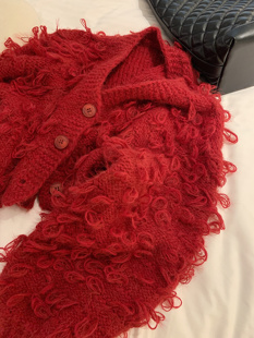 新年战袍红色圈圈羽毛流苏，短款毛衣外套女秋冬韩版小众设计感开衫