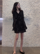 春秋季女装，2023年法式复古赫本风小黑裙小个子，长袖雪纺连衣裙