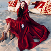新疆拉萨西藏旅游衣服女装拍照斗篷外套慵懒风连帽针织开衫毛衣秋