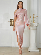 粉色长袖泡泡袖礼服长裙高级感轻奢小众高级感宴会气质名媛连衣裙
