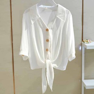 白衬衫女半袖夏胖mm大码宽松显瘦系带打结衬衣，短袖雪纺衫上衣