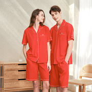 美标红色睡衣100%全纯棉夏季男女套装情侣短袖短裤结婚家居服