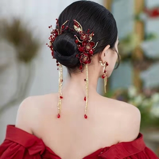 花朵饰品流苏发夹套装新娘礼服水钻敬酒服订婚对酒红色头饰夹耳环