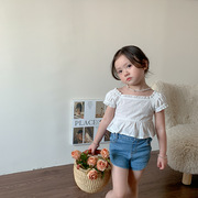2023童装女童韩版泡泡袖，一字肩短袖，t恤夏季儿童蕾丝收腰上衣