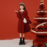 女童韩版连衣裙2023秋冬款，可爱洋气公主，裙大红色圆领连衣裙