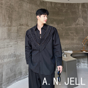 韩国版男装东大门23夏发型师潮黑白纯色镂空透视网纱拼接长袖衬衫