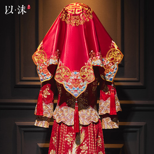 红盖头新娘结婚头纱中式秀禾服复古红色，缎面流苏2023刺绣喜帕盖头