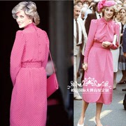 高级定制戴安娜王妃同款玫红色，波点真丝连衣裙，女长款端庄优雅时尚