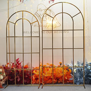 婚庆道具铁艺装饰拱形门金色婚礼场景布置舞台背景架子网格屏