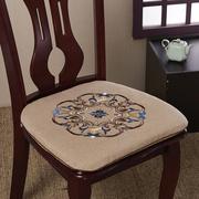 新中式刺绣餐椅垫棉麻，加厚坐垫实木椅子垫防滑椅座垫带绑带可拆洗