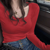 长袖T恤女圆领修身显瘦纯色打底衫弹力性感内搭螺纹面膜t短袖红色